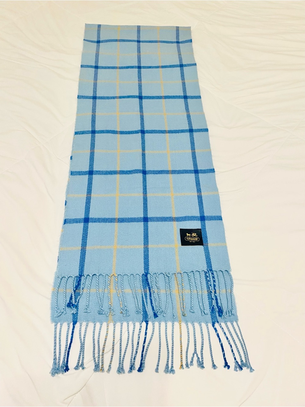 COACH Cashmere Wool Plaid Fringe Muffler Sky Blue Scarf